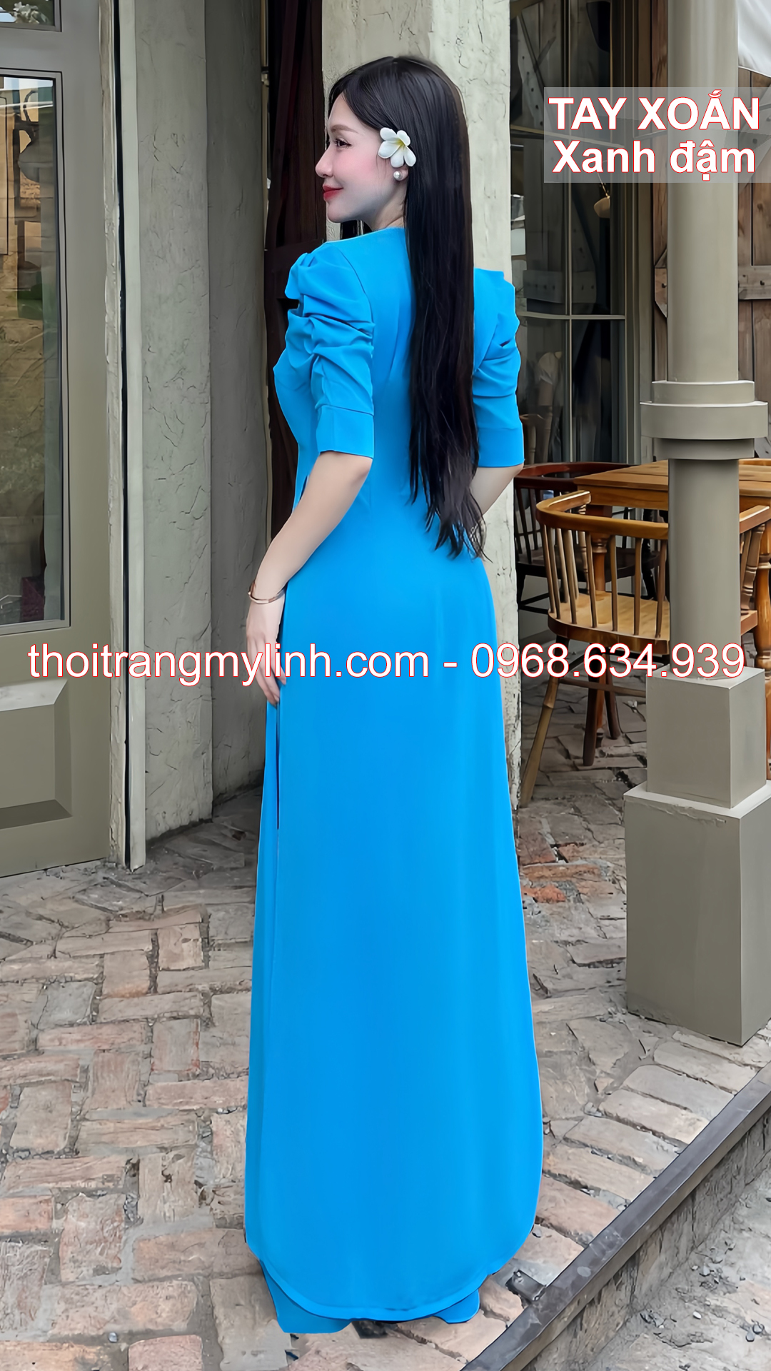 Bộ áo dài cổ nữ hoàng tay xoắn xanh đậm